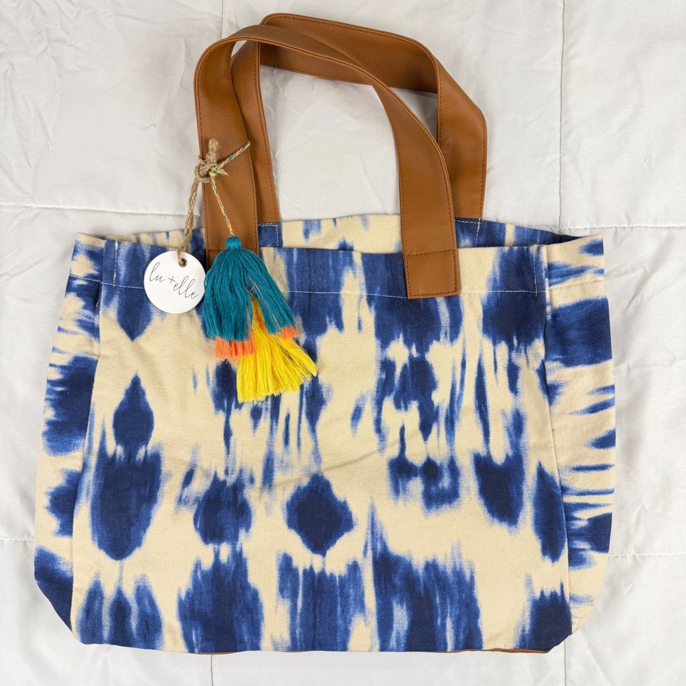 Lu + Elle Tote Bag Blue Tie Dye Canvas Tassel Boho NEW